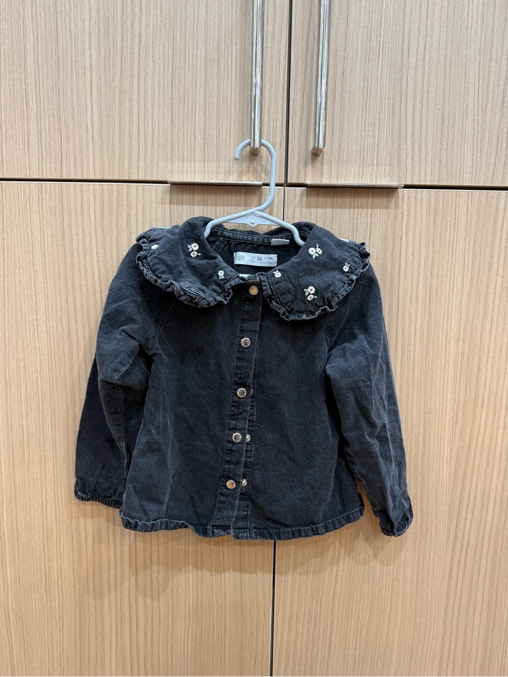 Zara Black Girls Ruffled Collar Denim shirt & skirt matching set with Embroidery